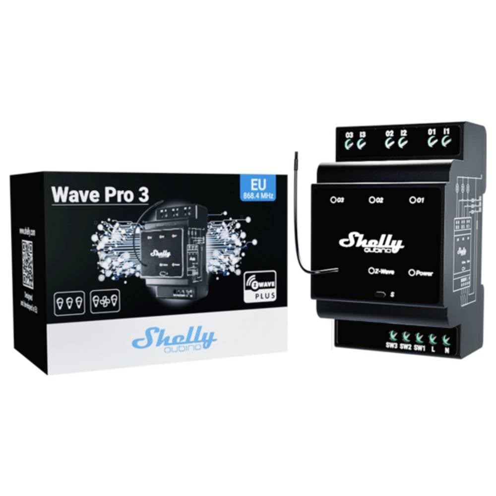 Shelly Shelly Qubino Wave Pro 3| Interruptor de relé Z-Wave| 3 canales (16A por canal)| Contactos secos| Montaje en carril DIN| SmartStart Configuración| Necesita hub Z-Wave