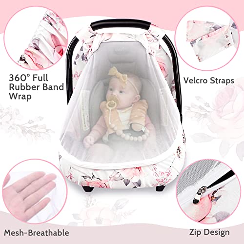Image of Carseat Cover Girls, Floral Baby Carseat Canopy with Zipper Mesh, Infant Stroller Cover, Watercolor Pink Flower