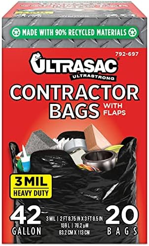 Ultrasac Contractor Bags 42 Gallon (20 Pack/w Flap Ties), 2.9′ x 3.95′ – 3 MIL Thick Large Black Heavy Duty Industrial Garbage Trashbags for Professional Construction and Commercial use Ultrasac Contractor Bags 42 Gallon (20 Pack/w Flap Ties), 2.9′ x 3.95′ – 3 MIL Thick Large Black Heavy Duty Industrial Garbage Trashbags for Professional Construction and Commercial use