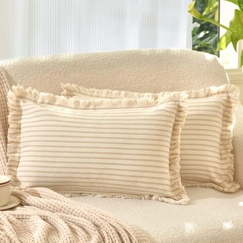 Image of ZWJD Throw Pillow Covers 12x20 Set of 2 Striped Pillow Covers with Fringe Chic Cotton Decorative Pillows Square Cushion Covers for Sofa Couch Bed Living Room Farmhouse Decor, (Khaki)