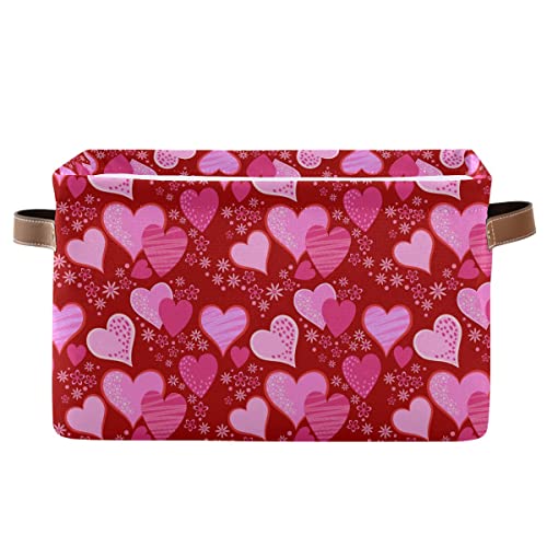 Image of Pink Red Love Heart Storage Basket Fabric Laundry Baskets Happy Valentine's Day Storage Boxes Organizer Bag for Baby Cloth Dog Toy Book Storage Cubes Shelf Closet Bins 16x12x8 Inches