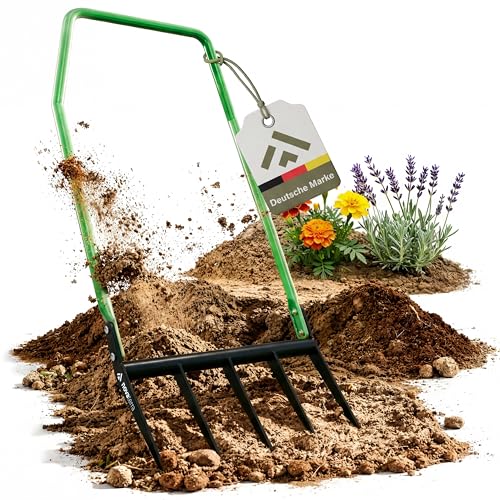 novaterra Premium Grabegabel mit 5 Zinken - Ergonomische Broadfork Gartengabel aus gehärtetem Stahl - Rückenschonende Bodenlockerung - Robuste Garten Gabel für Beete Rasen & Harte Böden