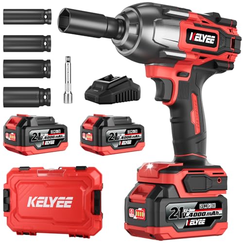 kelyee Cordless Impact Wrench 1107Ft-lbs(1500N.m), Brushless High Torque 1/2 Impact Gun with 21V 2x4.0Ah Battery, 3-Mode Speed, Electric Impact Driver with 4 Socket for Home Car Pickup Truck RV Mower