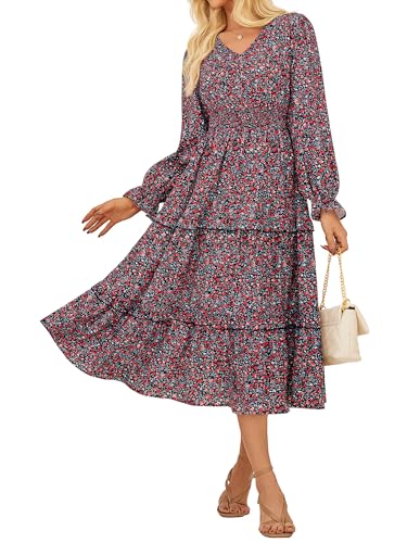 GRACE KARIN Damen Langarm A-Linie Blumenkleid V-Ausschnitt Freizeitkleid mit Tasche Rote Blumen XXL