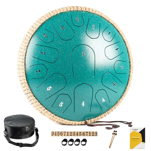 MeloBeat Tongue Drum Handpan - Tambor de Lengua de 13 Pulgadas 15 Notas - Set Profesional en Re Mayor Incluye Libro de Canciones de Tambor de Lengua, Clave D (Verde)