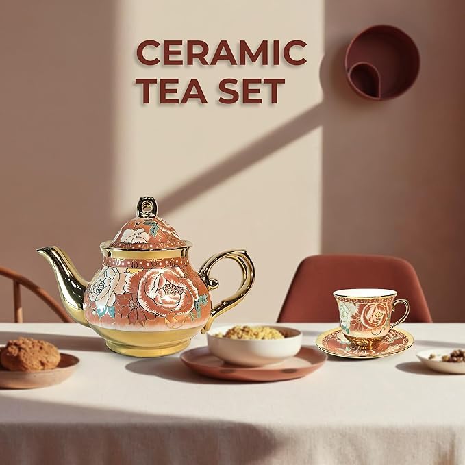 Image of Premium Ceramic Tea Set of 13 PCS Teapot (800ML) with 6 Cups (180ML Each), 6 Saucers & Holder Stand Elegant Gift for Tea Lovers Ideal for Home, Office & Parties (Dark Pink)