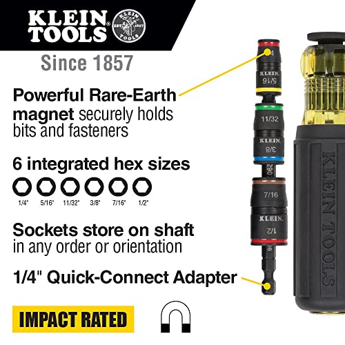 Klein Tools 32900 Impact Driver, 7-In-1 Impact Flip Socket Set With Handle, 6 Hex Driver Sizes Plus A 1/4-Inch Bit Holder #TOP1