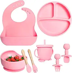 Kit Introdução Alimentar Bebê 8 Peças Prato + Bowl Babador Copo + Tampa com Canudo + 2 Talheres + 2 Talheres Ponta Silicone Cabo de Madeira 100% Silicone Antitóxico Premium (Rosa)