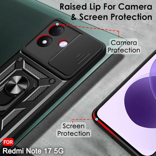Image of TheGiftKart Tough Armor Bumper Back Cover Case for Redmi Note 17 5G | Sliding Camera Cover, Kickstand & Ring Holder | 360 Degree Protection Back Cover Case for Redmi Note 17 5G (PC & TPU, Black)
