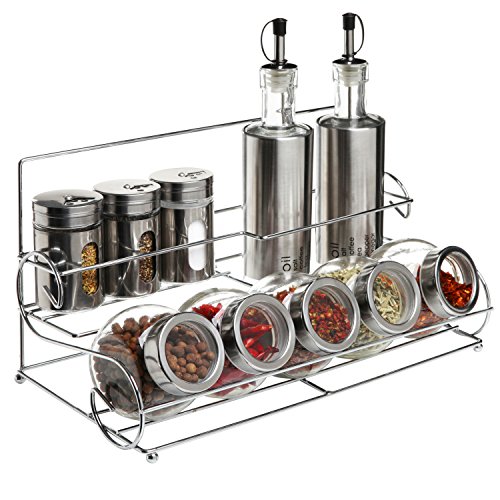 All-in-1 Stainless Steel Condiment Set With 2 Oil/Vinegar Bottle Cruets, 3 Shaker Spice Jars, 5 Glass Canister Jars & Chrome Rack