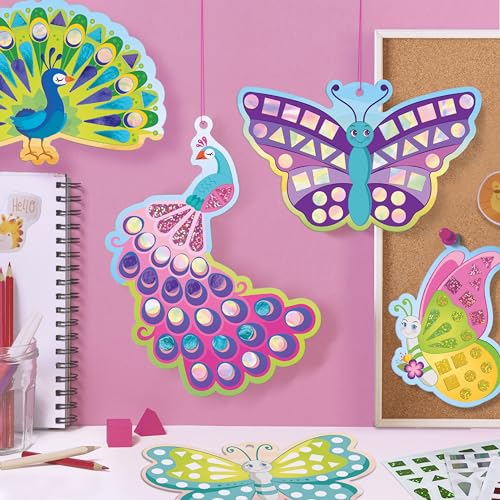 Image of Imagimake Mirror Mosaic Butterfly & Peacock | DIY Return Gift - Pack of 6 | Mirror mosaic art kit: 5 templates & 450+ shiny, sparkly & rainbow foil stickers; peel & stick butterfly & peacock art