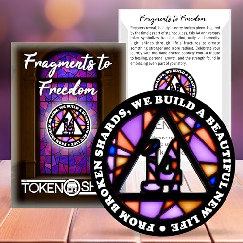 Image of Stained Glass 14 Year AA Chip Sobriety Coin Medallion, Fragments to Freedom Alcoholics Anonymous Addiction Recovery Anniversary Token, Inspirational Sober Gifts for Men and Women by the Token Shop