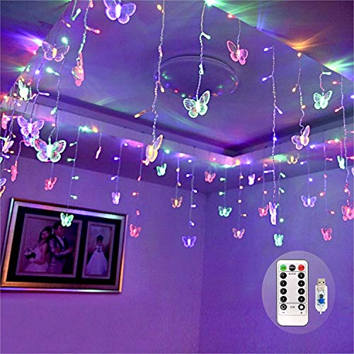 Linghuang 4.5M 120 LEDs USB Lichterketten 8 Modi Schmetterling Funkeln Lichter Vorhang Lights mit Fernbedienung für Schlafzimmer Patio Party Hochzeit Urlaub Weihnachts Dekoration (Mehrfarbig) Cover