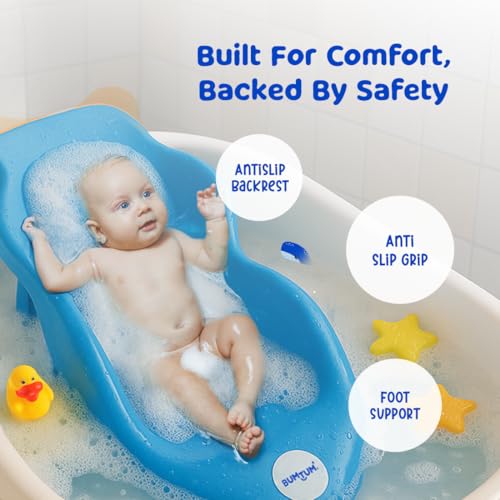 Image of Bumtum Baby Bath Sling & Seat - Plastic Bath Chair with Non-Slip Suction Base for Toddlers (Blue)
