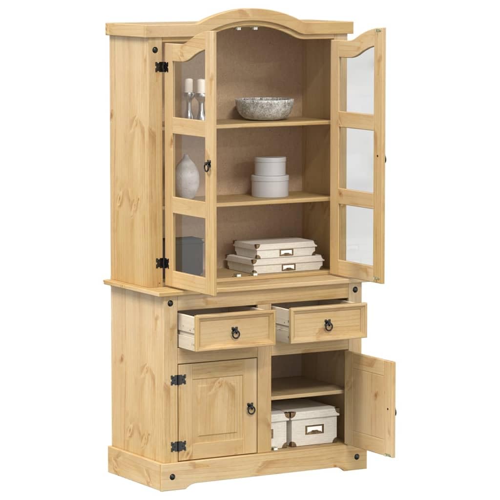 Vitrina Corona 100 x 48,5 x 179 cm, madera maciza de pino acabado en cera de miel, armario rústico con puertas de cristal, espacio de almacenamiento para colecciones, duradero, resistente