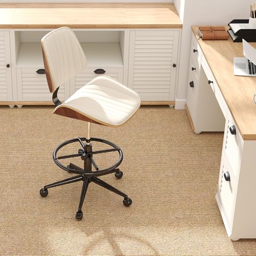 Image of Drafting Home Office Chair, Swivel Desk Chair with Bend Wood Backrest, Ergonomic Office Chairs with Adjustable Height and Footrest Ring for Bar Lab Counter Height Desk and Drawing (Ivory)