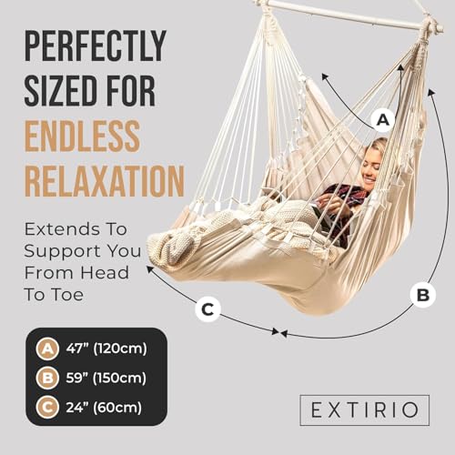 Image of Hanging Hammock Chair Swing - Hanging Chair Outdoor & Indoor - Hammock Swing Chair - Quick & Easy Setup with Hardware Kit - Durable & Spacious Full Body Support with 2 Plush Cushions - Holds 440 Lbs