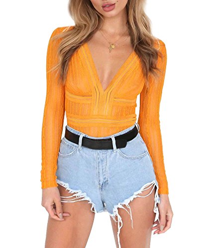 Womens V Neck Hollow Out Lace Backless Bodysuit Overall (Large, Yellow)
