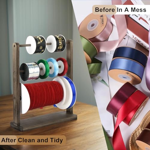 Image of Wooden Ribbon Organizer Rack,Large Capacity Ribbon Holder, Ribbon Spool Stand, Washi Tape Organizer, Wooden Sewing Organizer Display Shelf for Craft Room,Cake Shop,Flower Store (3 TIer - Brown)