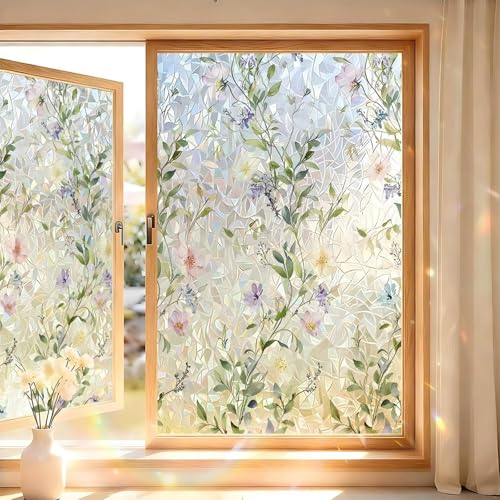 Image of XhuangTech Flower Sunroof Film Floral Rainbow Effect Static Clings Window Privacy Film Sun Protection Stained Glass Decals for Car Moonroof and Home, 17.72 x 35.43 Inch (F851, 29.53 x 47.24 Inch)