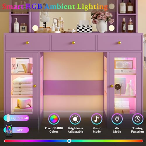 Image of Wodeer Makeup Vanity Desk with Mirror and Lights, Purple Vanity with Glass Top, LED Lights & Power Outlet, 3 Drawers & 2 RGB Glass Cabinets, Adjustable Lighted Dressing Table for Women & Girls Bedroom