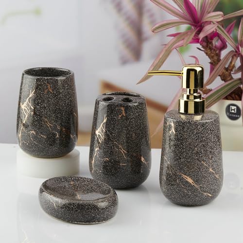 Image of Kookee Ceramic Bathroom Accessories Set 4 Piece | Soap Dispenser, Toothbrush Holder, Tumbler & Soap Dish | Modern Black Bathroom Organiser Set | Housewarming Gift (10428)