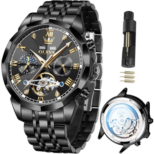 Image of OLEVS Automatic Watches for Men Business Dress Mechanical Watch Stainless Steel Waterproof Self Winding Classic Date Luxury Diamond Skeleton Men Wristwatch