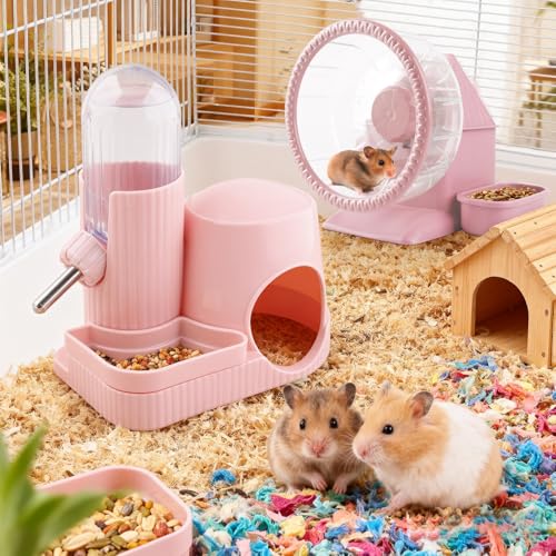 Image of 3 in 1 Multifunctional Hamster Water Bottle No Drip Gerbil 100ML Water Bottle Dispenser with Food Bowl Small Animal Auto Dispenser with Hideout Base Hamster Cage Accessories (Pink)