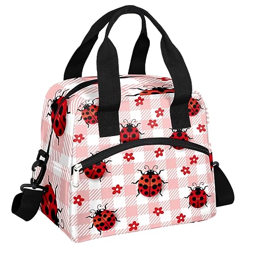 Lunch Bag Box Cute Ladybugs Flower Plaid Check Insulated Cooler Lunch Tote Bag Container Snacks Organizer for Women Men Adult Office Work Picnic Hiking