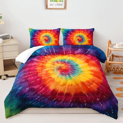 Image of AILONEN Rainbow Tie-Dye Bedding Set Queen Size for Kids Teens Adults,Colorful Spiral Comforter with 2 Pillowcases,3Pcs Boho Psychedelic Quilt Set for All Season