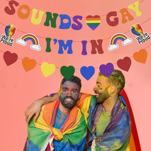 Image of Pre Strung Sounds Gay I'm In Banner Pride Month Decorations, Glitter Rainbow Sign for LGBTQ+ LGBT Party Lesbian Gay Bisexual Transgender Queer Celebration Home Indoor Photo Props Backdrop Decor
