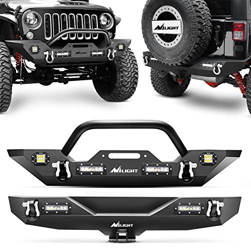 Image of Nilight Front + Rear Combo Compatible for 2007-2018 Jeep Wrangler JK,Rock Crawler Bumper with Hitch Receiver & Nilight Upgraded LED Lights Off Road Textured Black