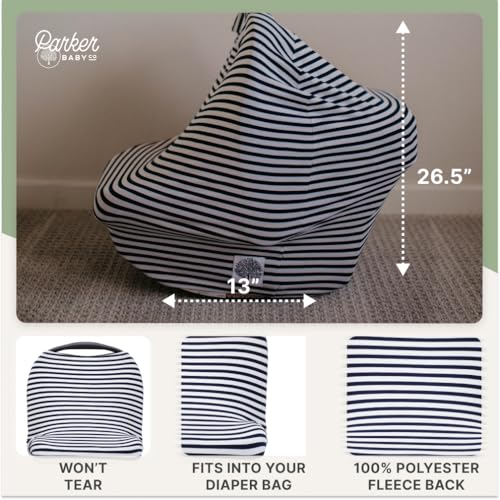 Image of Parker Baby 4 in 1 Car Seat Cover for Boys - Stretchy Carseat Canopy, Nursing Cover, Grocery Cart Cover, High Chair Cover - Navy /White Stripes