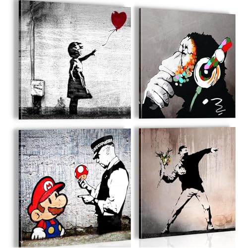 Novart Bilder Set Banksy Style - KOMPLETT AUFHÄNGFERTIG - Grau Bunt...
