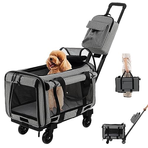 FANTASK Cage de transport mobile avec poignée télescopique et roues et petit sac, boîte de voyage pliable pour animaux de compagnie de petite et moyenne...