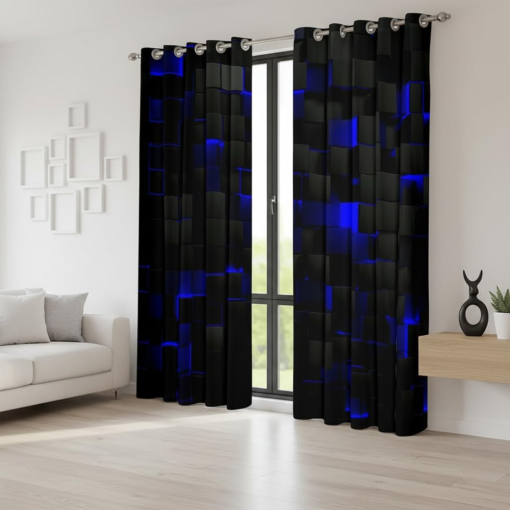 Homewish Lot de 2 rideaux géométriques néon abstraits - À carreaux - 137 x 117 cm (H x l) - Noir et bleu marine - Pour enfants, garçons et hommes - Plaid carré - 2 panneaux