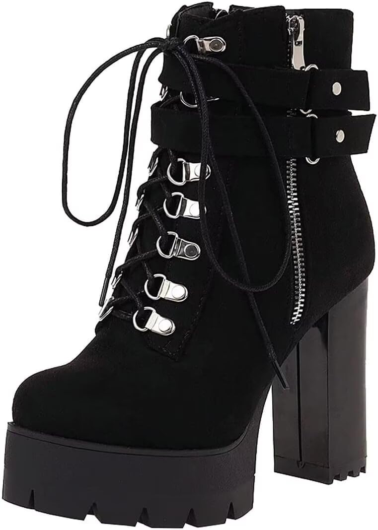 Agodor Womens Goth Platform Combat Booties Lace up Round Toe Chunky High Heel Gothic Ankle Boots