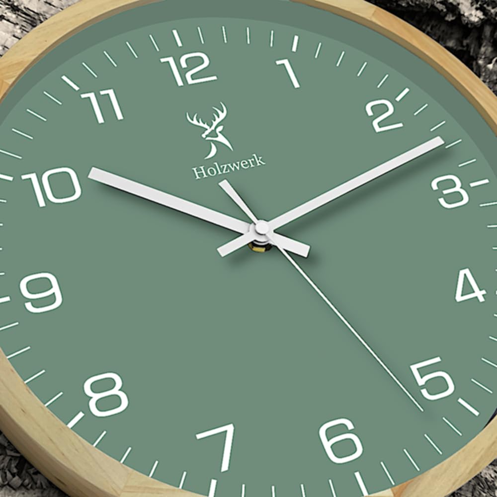 Holzwerk NAUMBURG Natur Holz Wanduhr Quarzwanduhr Moderne Wand-Uhr Glas Grün Buche nahezu lautloses Uhrwerk aus handgefertigtem Massivholz 30 cm Durchmesser (Grün-Beige)