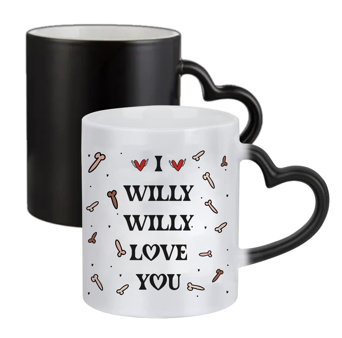 Valentine's Day Gift, I Willy Love You, Cheeky Rude Design, Ceramic Heart Handle Colour Changing Magic Mug.