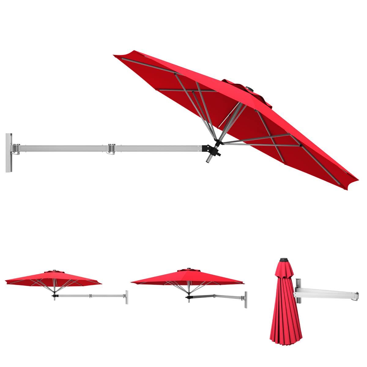 TANGZON Wall-Mounted Parasol, Outdoor Patio Garden Umbrella with Large Shading Area, Wall Tilting Sunshade (Burgundy)