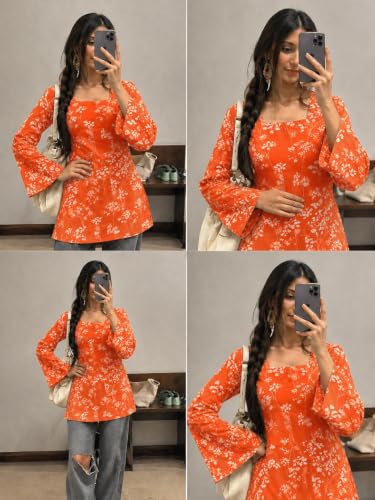 Image of SONISHA Women's Rayon Floral Print Short Kurti for Women Elegance Square Neck, Long Sleeves with Style Criss Cross Back Kurti, Top for Office Wear, Casual, Outdoor