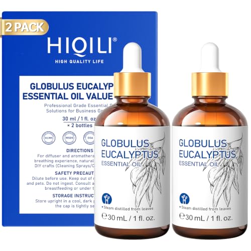 Image of HIQILI Eucalyptus Essential Oil Sharing Pack for Diffuser & Skin Care | Used for Humidifier, Air Freshening and Home Cleaning, DIY Spray, Candle & Soap Making - 1 fl oz (2 Pack)