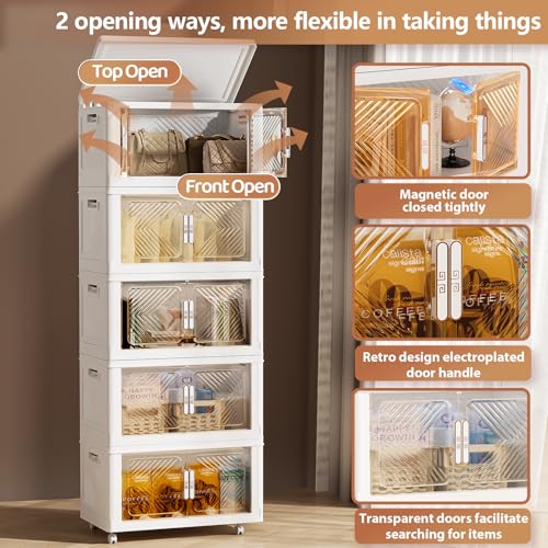 Storage Bins with Lid 76QT, Stackable Storage Containers with Wheels and Magnetic Doors, Plastic Clothes Closet Organizers and Storage Box for Pantry, Home and Office (5 Pack)