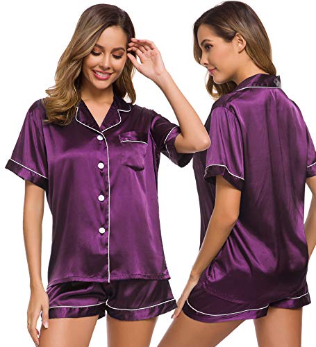 Image of SWOMOG Womens Silk Satin Pajamas Set Short Sleeve Sleepwear Button Down Top and Shorts Loungewear 2 Piece Pjs Set XS-3XL