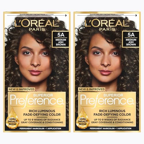 L'Oreal Paris Superior Preference Luminous Fade-Defying Permanent Hair Color, Hair Dye For Up to 9 Weeks of Radiance, Medium Ash Brown 5A, 1 Hair Dye Kit (Pack of 2)