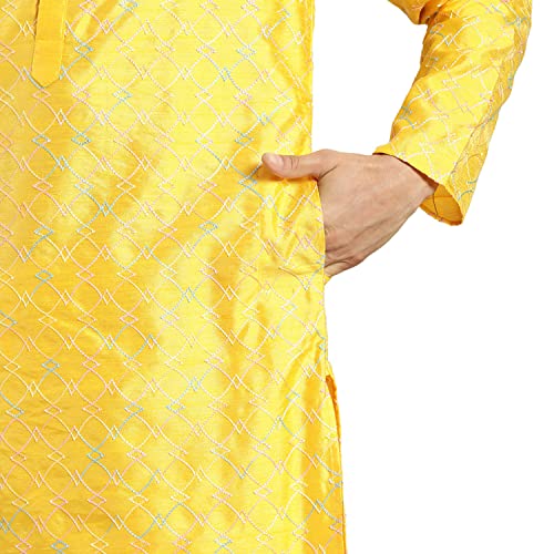 Image of SOJANYA, Men's Silk Blend NavyBlue Kurta with Multi Color Embroidery and Off-White Pyjama