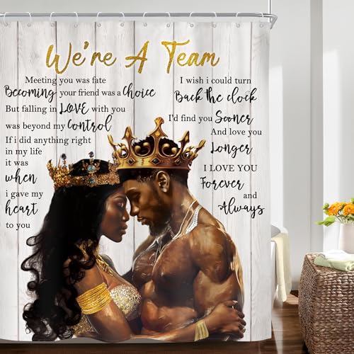 Image of Riyidecor African American Shower Curtain Black King and Queen Afro Romantic Couple 60Wx72H Inch Rustic Vintage Wood Board Inspirational Quote Fabric Decor Bathroom Polyester Waterproof Hooks