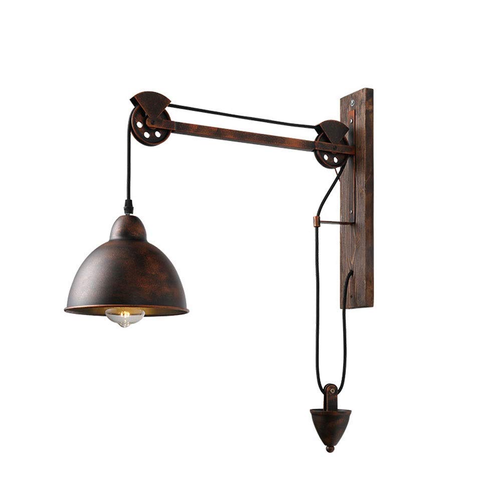 Mid Century Retro Iron Wall Lights Industrial Loft Pulley Wall Lamp Metal Dome Shade With Wooden Base Wall Sconce Suspended Rise And Fall Hangging E27 Antique Lighting for Indoor Living Room