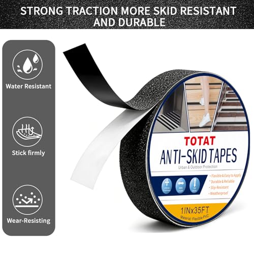 Image of Black Anti-Slip Stair Treads Tape,1 inch x35FT Heavy Duty PVC Non-Skid Grip Tape for Wooden Steps, Indoor /Outdoor Stairs, Pool Decks - Peel & Stick Waterproof Safety Traction