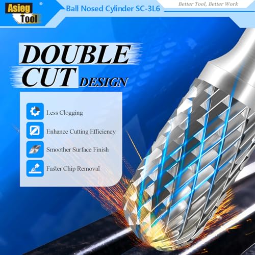 Image of SC-3L6 Tungsten Carbide Burr Rotary File Cylindrical Ball Nose End Shape Double Cut for Die Grinder Drill Bits 1 /4'' Inch Diameter of Shank and 3 /8'' Inch Diameter of Cutter 3 /4'' Inch Cutter Length